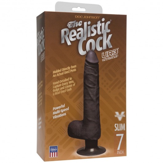 Коричневый вибромассажер The Realistic Cock ULTRASKYN Vibrating 7” Slim - 22,1 см. - Doc Johnson