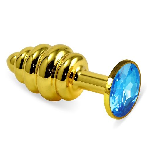 Золотистая пробка с рёбрышками и голубым кристаллом - 7 см. - Джага-Джага - купить с доставкой в Москве