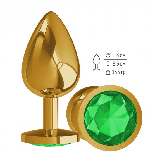 Золотистая большая анальная пробка с зеленым кристаллом - 9,5 см. - Джага-Джага - купить с доставкой в Москве