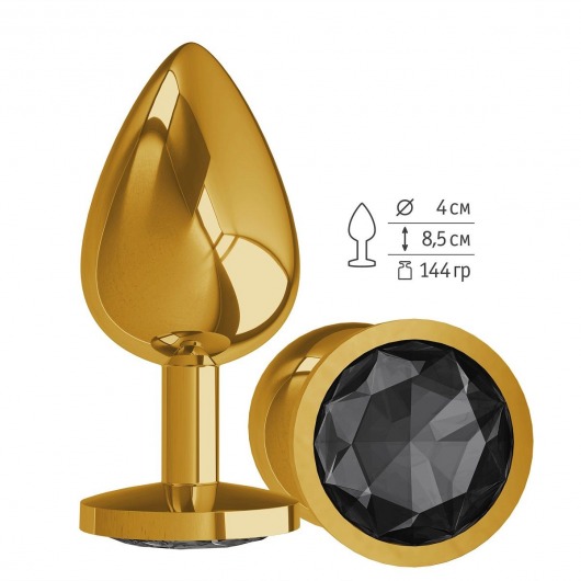 Золотистая большая анальная пробка с чёрным кристаллом - 9,5 см. - Джага-Джага - купить с доставкой в Москве