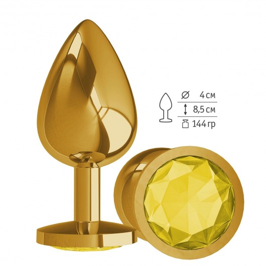 Золотистая большая анальная пробка с желтым кристаллом - 9,5 см. - Джага-Джага - купить с доставкой в Москве