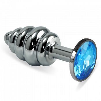 Серебристая фигурная анальная пробка с голубым кристаллом - 8,5 см. - 4sexdreaM - купить с доставкой в Москве