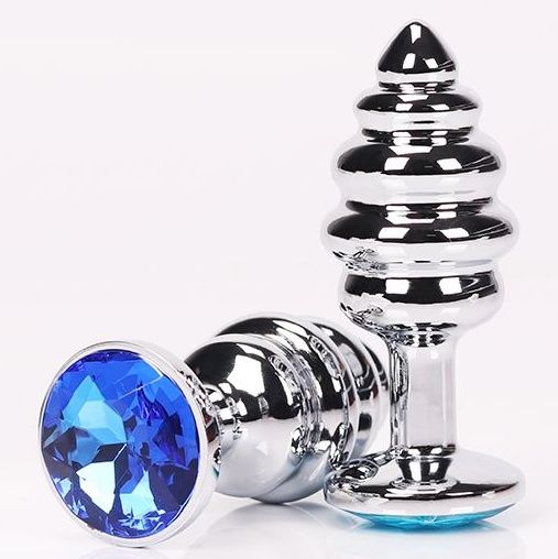 Серебристая фигурная анальная пробка с синим кристаллом - 8 см. - 4sexdreaM - купить с доставкой в Москве