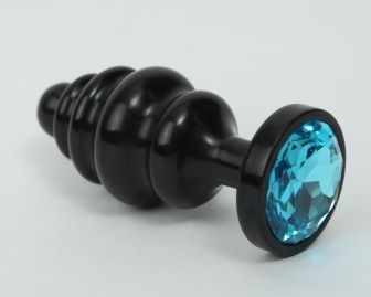 Черная фигурная анальная пробка с голубым кристаллом - 8,2 см. - 4sexdreaM - купить с доставкой в Москве