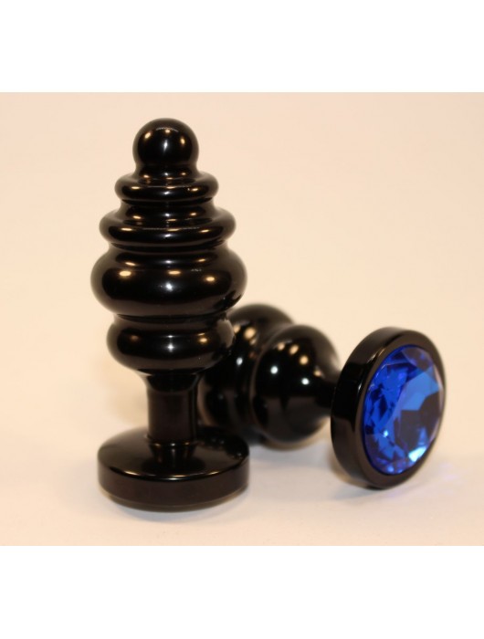Черная фигурная анальная пробка с синим кристаллом - 8,2 см. - 4sexdreaM - купить с доставкой в Москве