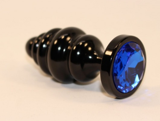 Черная фигурная анальная пробка с синим кристаллом - 8,2 см. - 4sexdreaM - купить с доставкой в Москве
