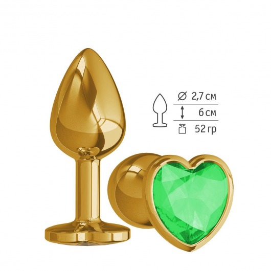 Золотистая анальная втулка с зеленым кристаллом-сердцем - 7 см. - Джага-Джага - купить с доставкой в Москве