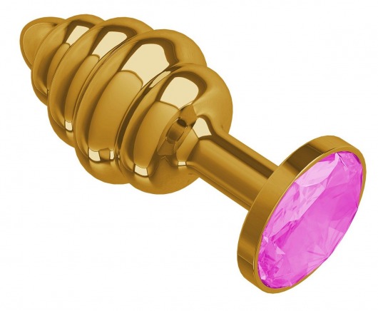 Золотистая пробка с рёбрышками и розовым кристаллом - 7 см. - Джага-Джага - купить с доставкой в Москве