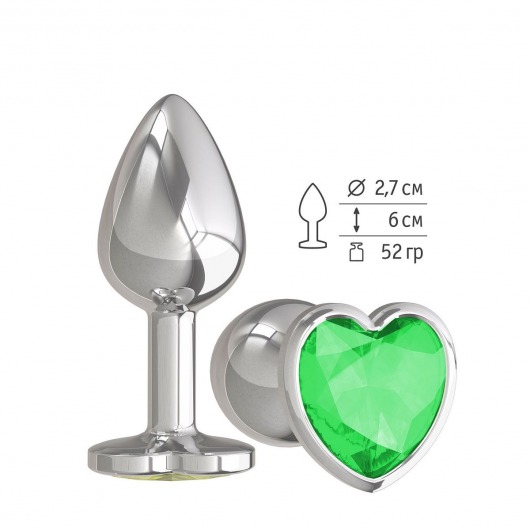 Серебристая анальная втулка с зеленым кристаллом-сердцем - 7 см. - Джага-Джага - купить с доставкой в Москве