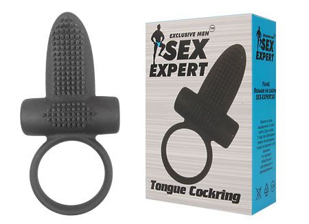 Чёрное эрекционное кольцо с вибрацией и язычком Sex Expert - Bior toys - в Москве купить с доставкой