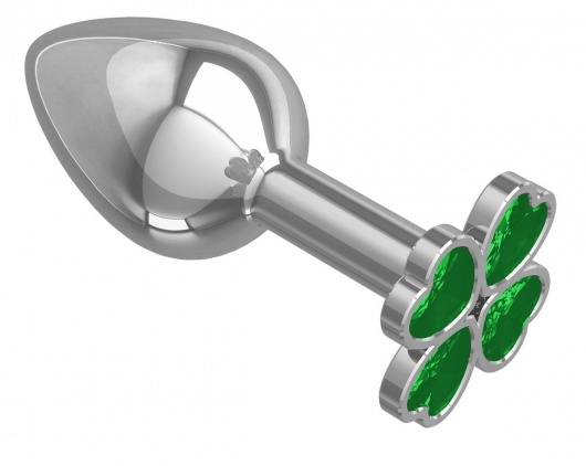 Серебристая анальная втулка с клевером из зеленых кристаллов - 7 см. - Джага-Джага - купить с доставкой в Москве