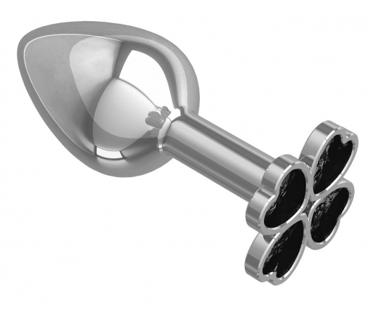 Серебристая анальная втулка с клевером из чёрных кристаллов - 7 см. - Джага-Джага - купить с доставкой в Москве