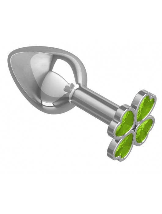 Серебристая анальная втулка с клевером из лаймовых кристаллов - 7 см. - Джага-Джага - купить с доставкой в Москве