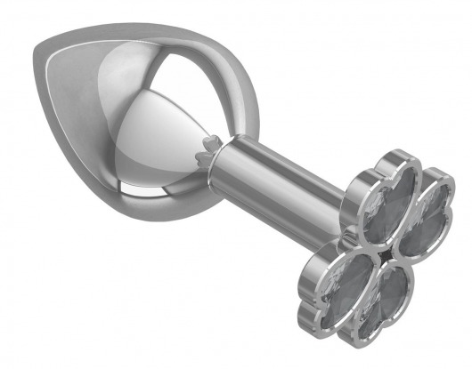 Средняя серебристая анальная втулка с клевером из прозрачных кристаллов - 8,5 см. - Джага-Джага - купить с доставкой в Москве