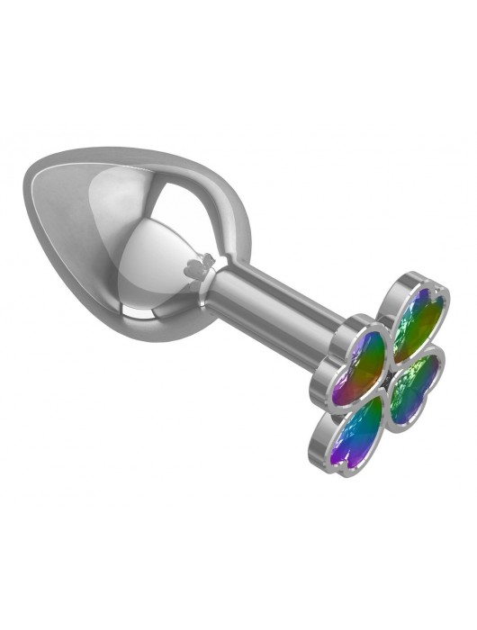 Серебристая анальная втулка с клевером из радужных кристаллов - 7 см. - Джага-Джага - купить с доставкой в Москве