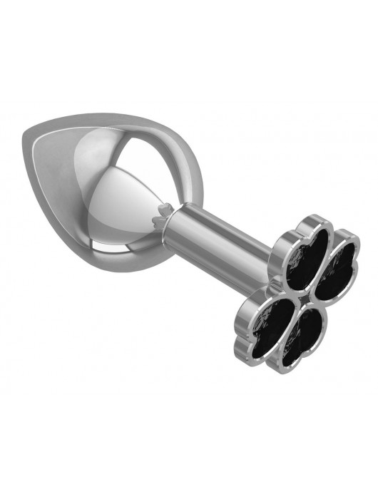 Средняя серебристая анальная втулка с клевером из черных кристаллов - 8,5 см. - Джага-Джага - купить с доставкой в Москве