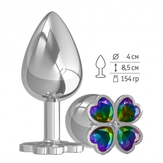 Серебристая анальная пробка-клевер с радужным кристаллом - 9,5 см. - Джага-Джага - купить с доставкой в Москве