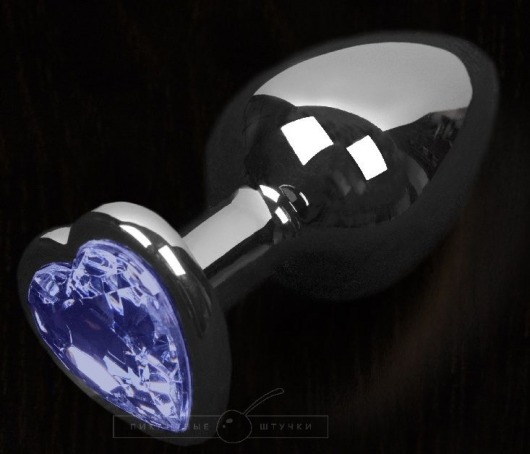 Серая анальная пробка с синим кристаллом в виде сердечка - 8,5 см. - Пикантные штучки - купить с доставкой в Москве