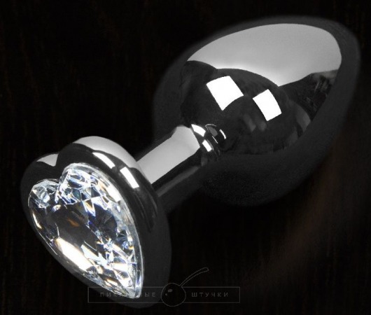 Серая анальная пробка с прозрачным кристаллом в виде сердечка - 8,5 см. - Пикантные штучки - купить с доставкой в Москве