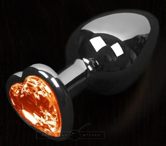 Серая анальная пробка с оранжевым кристаллом в виде сердечка - 8,5 см. - Пикантные штучки - купить с доставкой в Москве